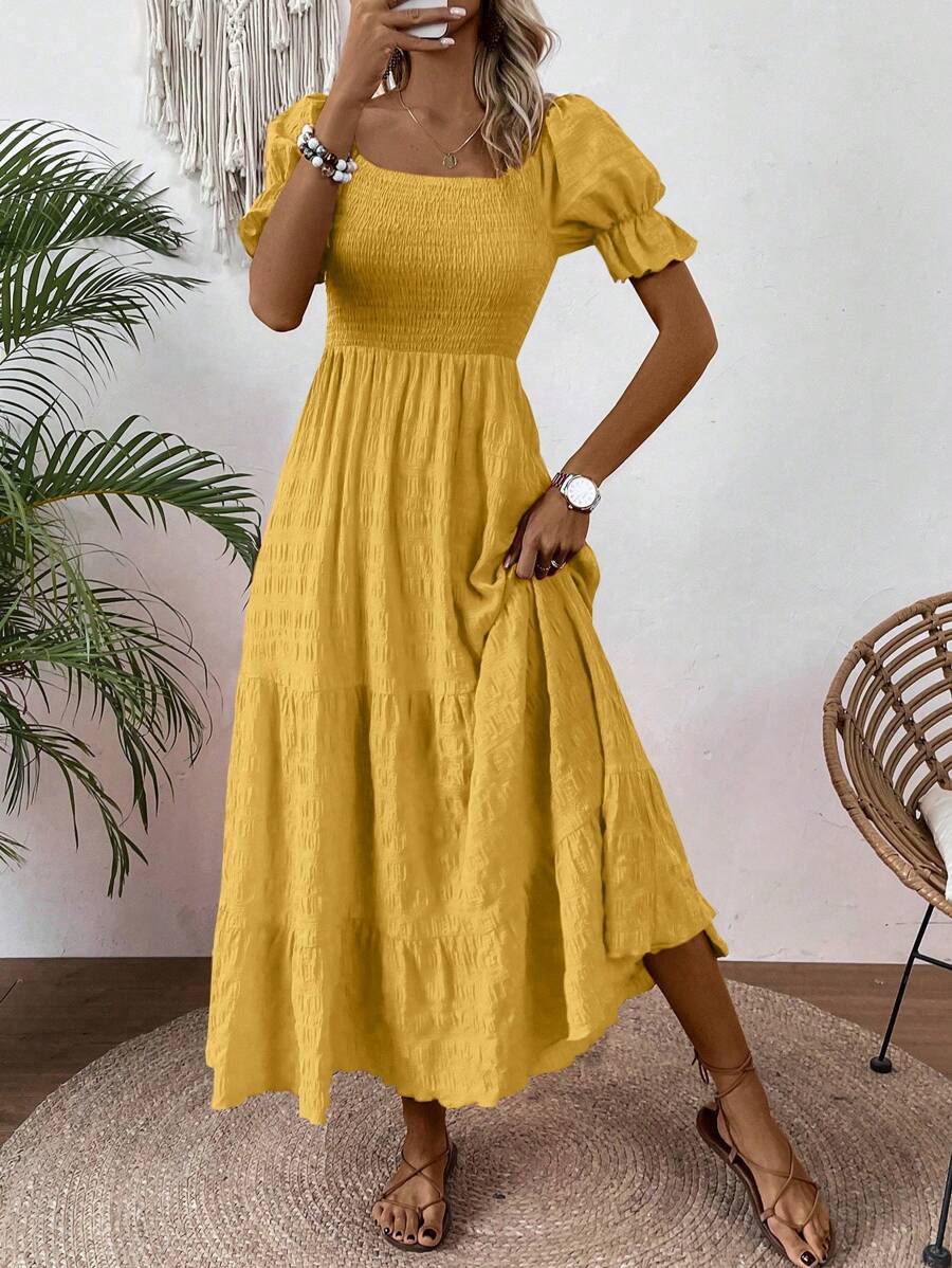 SHEIN Clasi Women's Square Neck Bubble Sleeve Shirred Bodice Solid Texture Dress Maxi Women Outfit