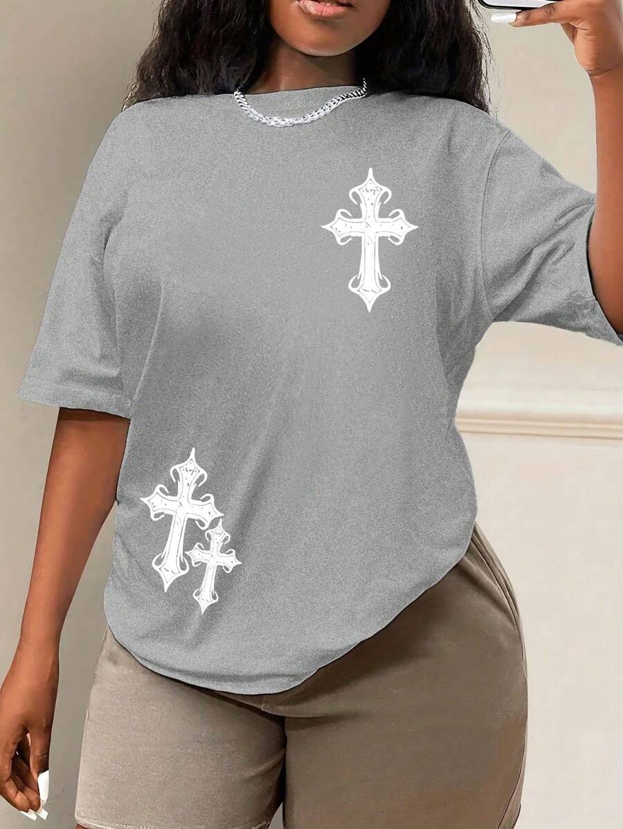 SHEIN Plus Size Cross Print Round Neck T-Shirt Graphic Tees Women Tops