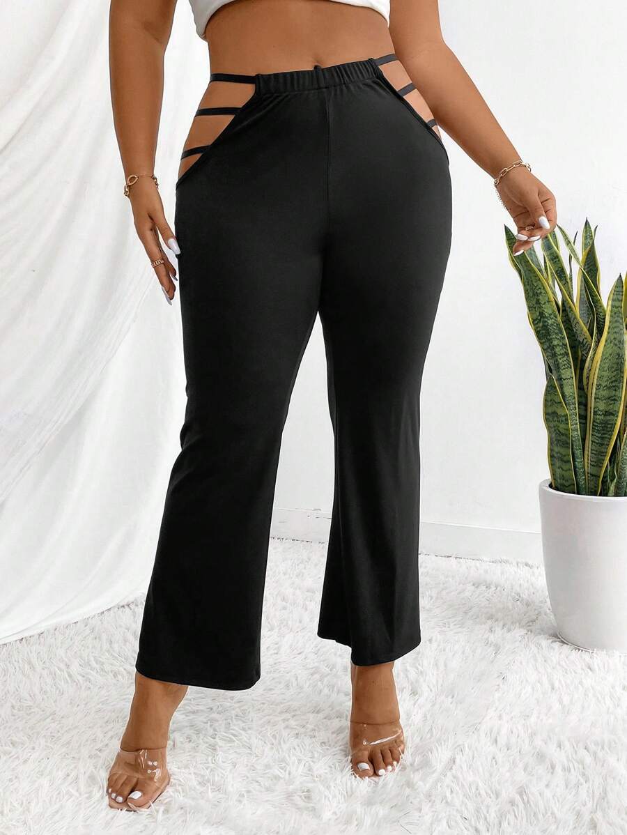 Maweii Plus Size Women's Solid Color High Waist Cut Out Flared Pants