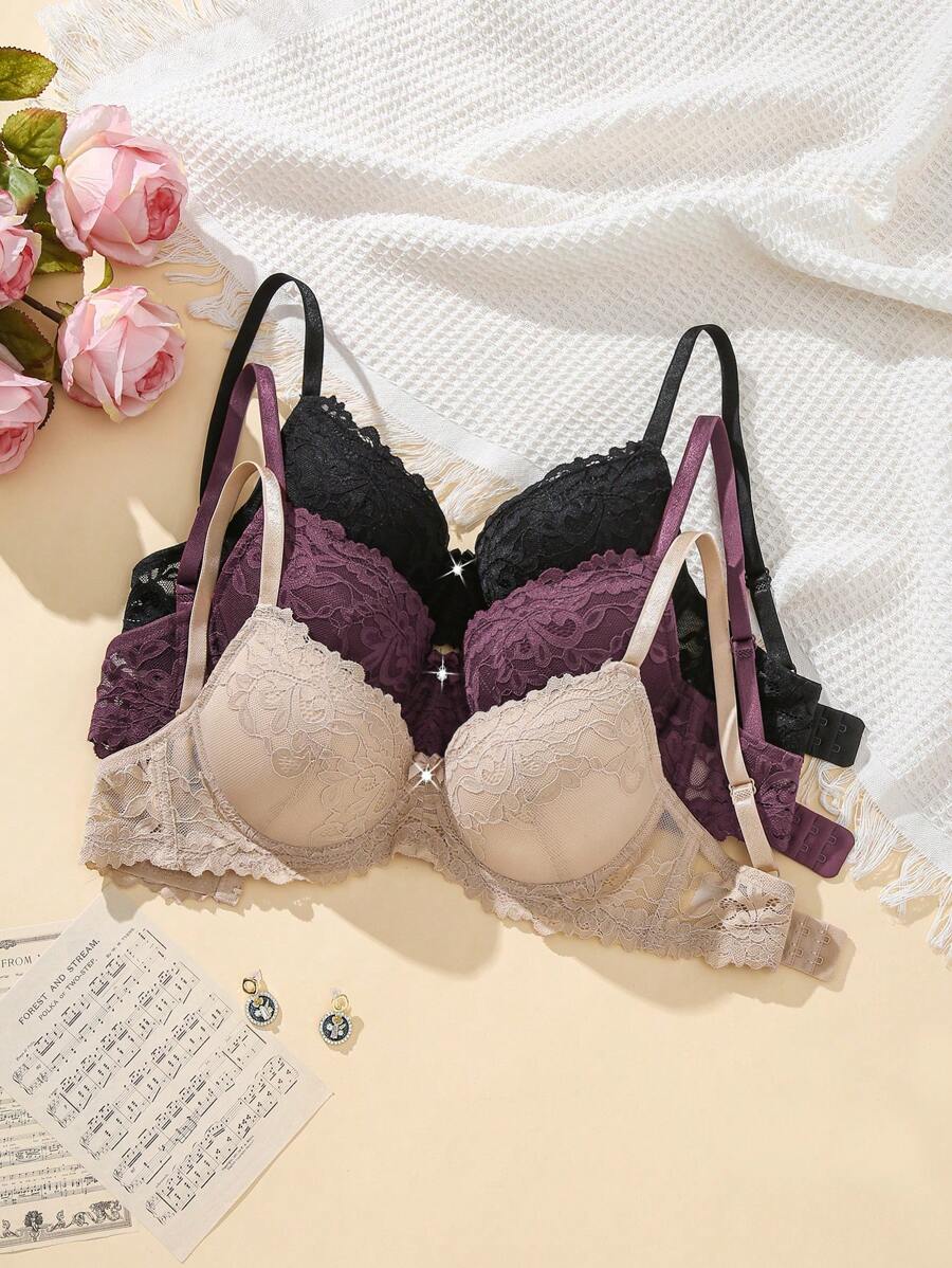 3pcs/Set Women's Lace Bra With Underwire
