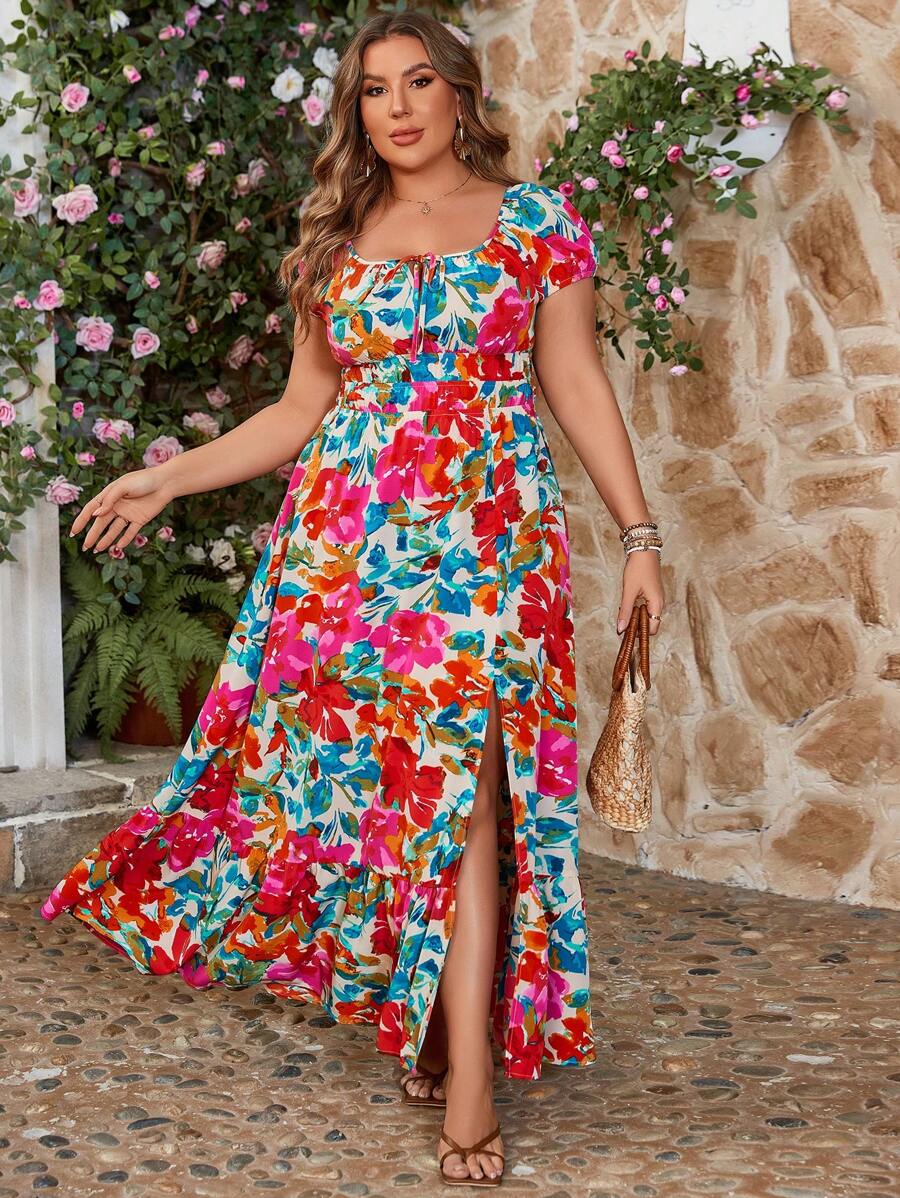 SHEIN VCAY Robe Longue Fendue Romantique À Imprimé Floral De Grande Taille Pour Vacances