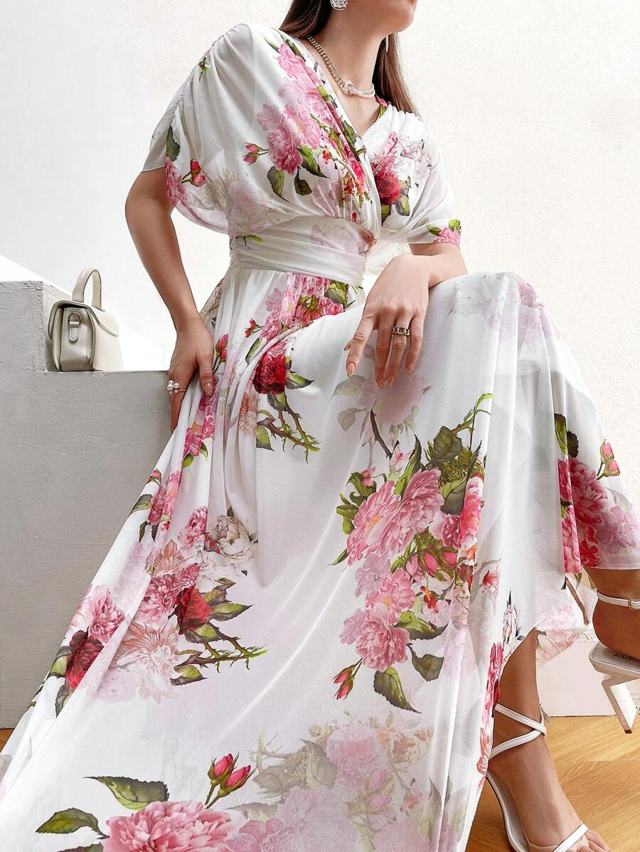 Modelyn Women's Floral Print Batwing Sleeve Dress With Waist Pleats Long Evening Dresses