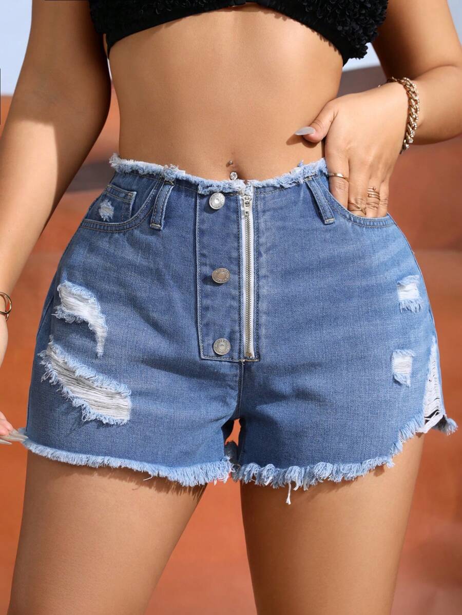 SHEIN SXY Fashionable Frayed Ripped Denim Shorts