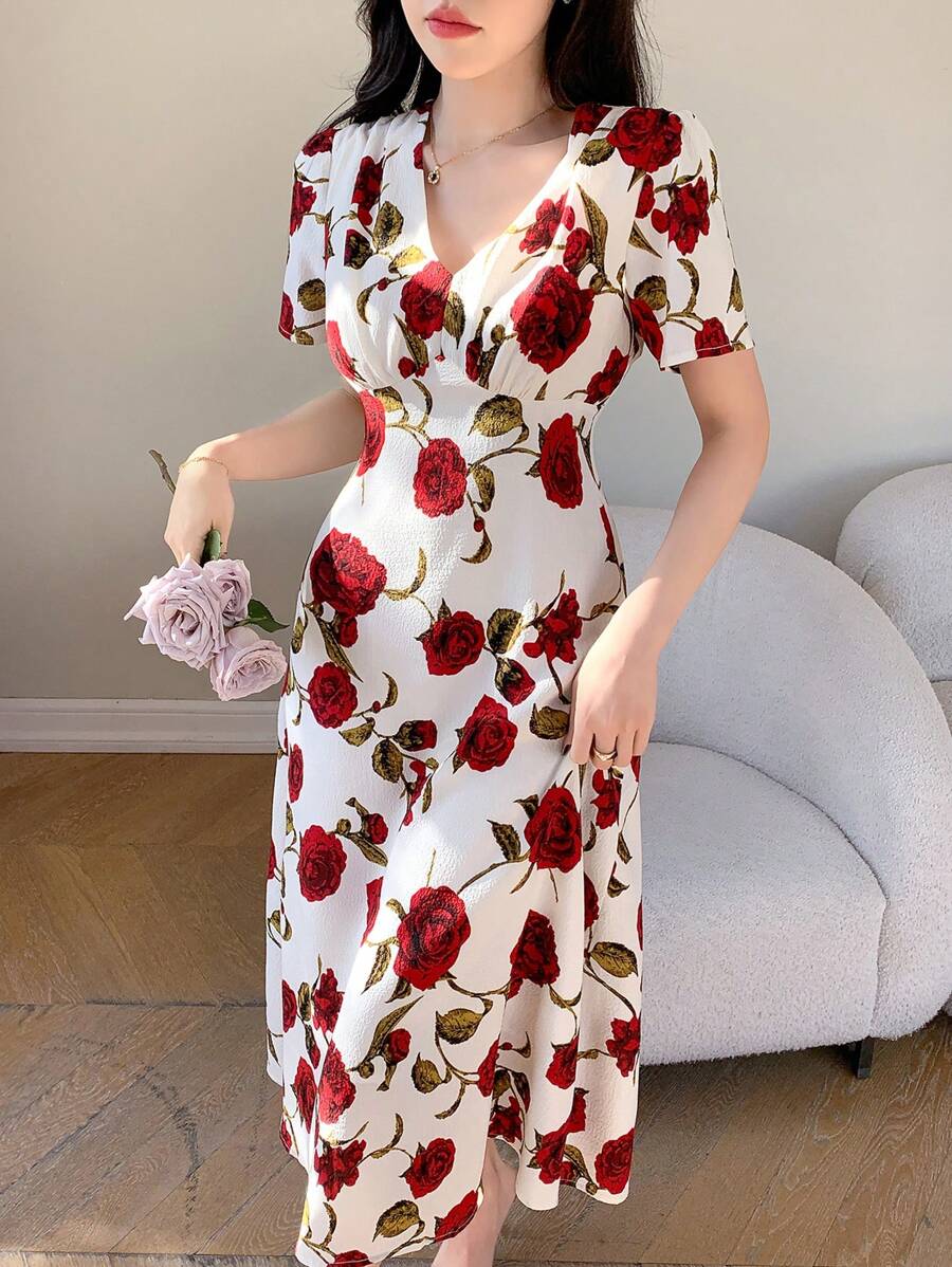 DAZY Bubble Sleeve & V-Neck Short Sleeve Chiffon Dress With Large Floral Print Sundress