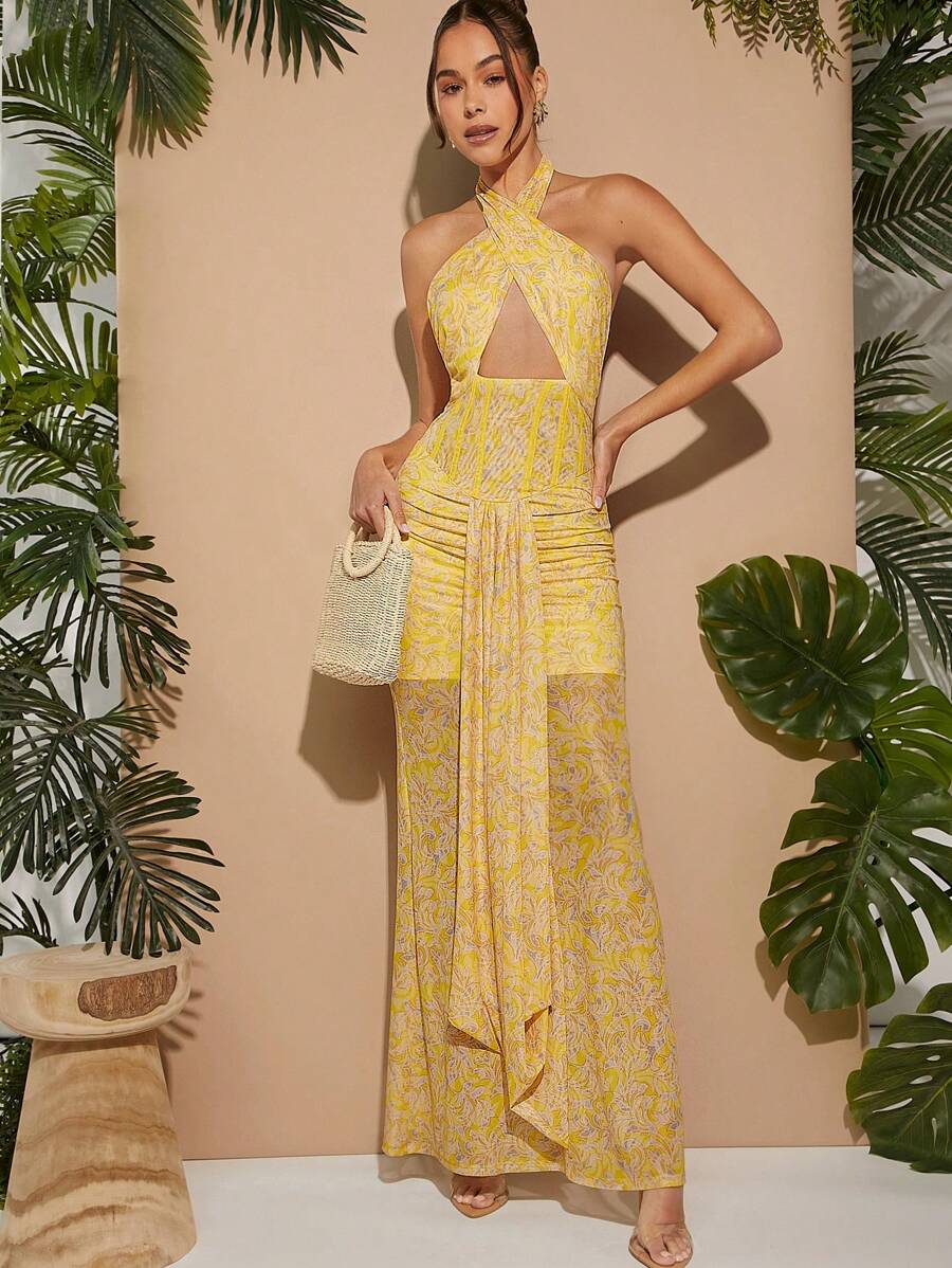 L'Amorae Halter Corset Draped Print Dress