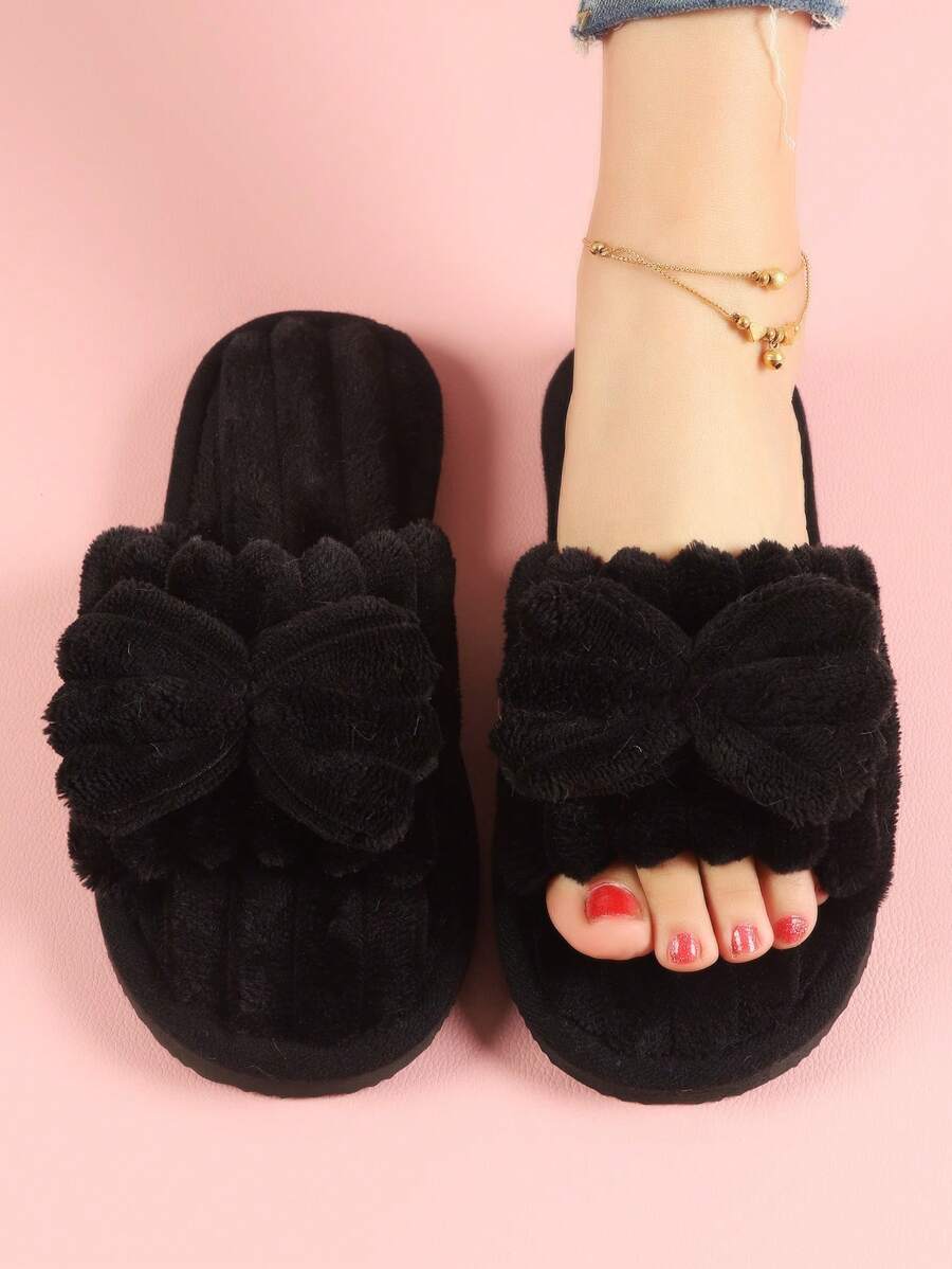 Bow Knot Fluffy Open-Toe Slippers For Women, Soft And Warm Indoor Home Slippers All Seasons