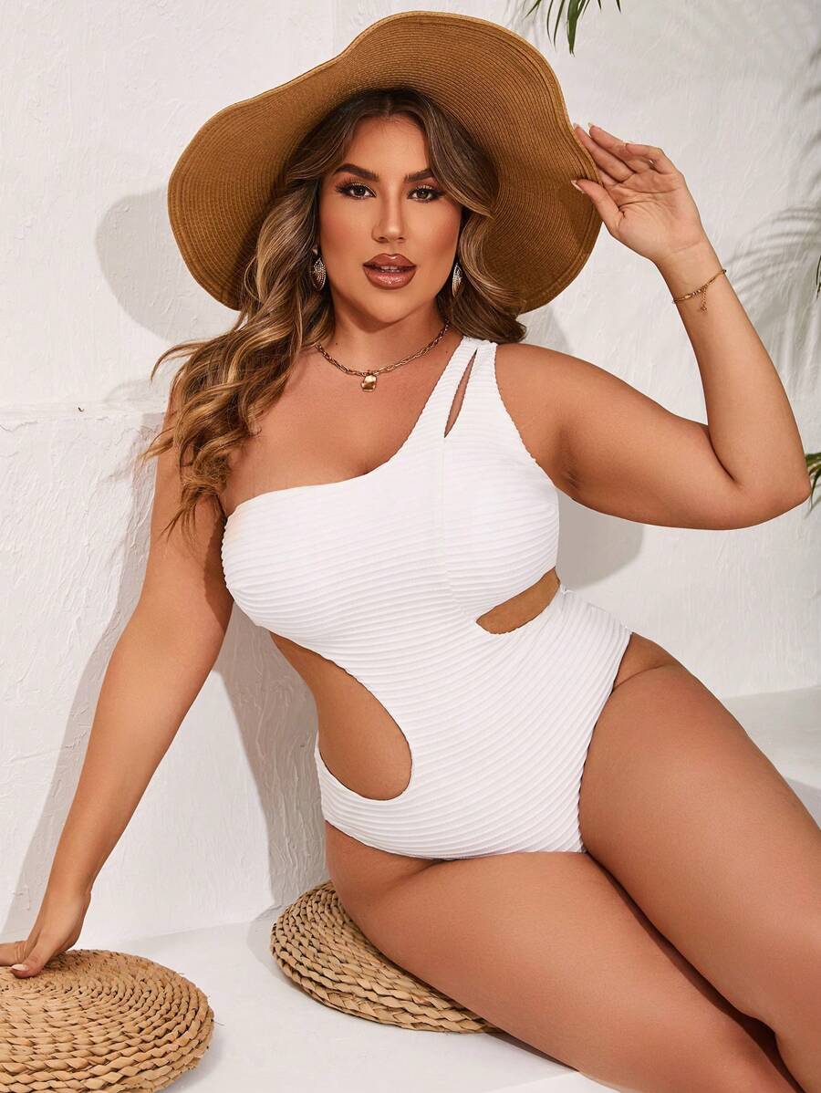 SHEIN Swim Curve Plus Size Women's Solid Color Hollow-Out Waist Asymmetrical Neck Sleeveless One Piece Swimsuit, For Summer Beach Vacation