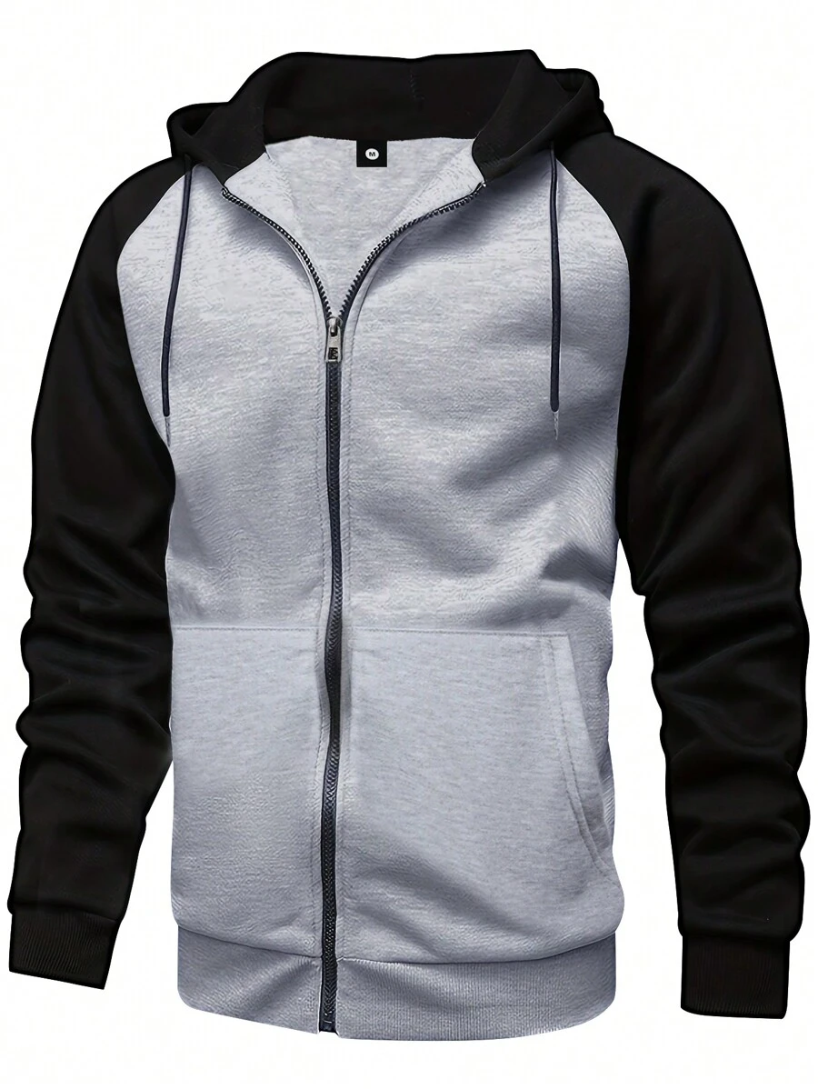 Abrigo Básico Con Capucha Con Cremallera Y Mangas Largas Para Hombre, Para Otoño E Invierno, De Color Sólido Simple Y De Moda, Con Mangas Raglán, Ideal Para Uso Casual, Deportes, Running, Actividades Al Aire Libre, Etc.