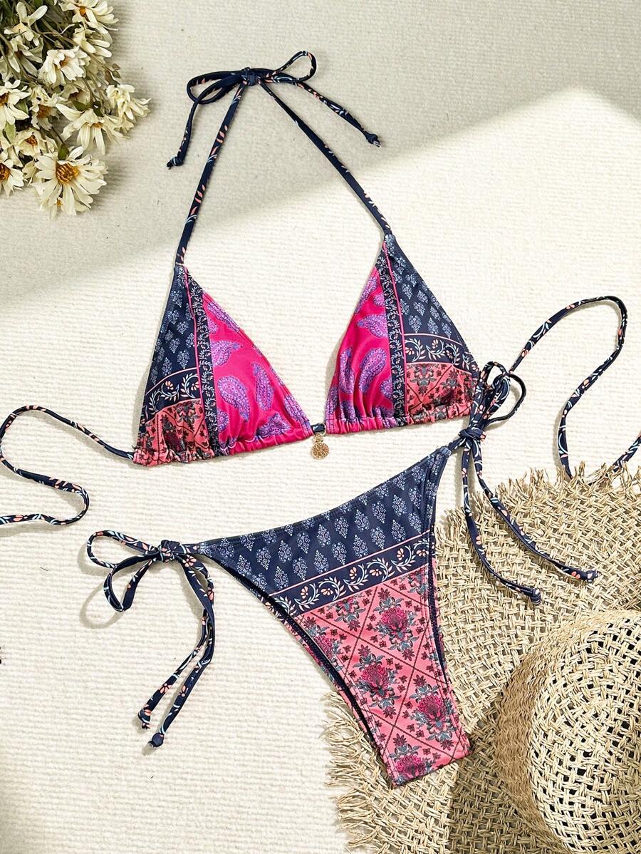 Swim Vcay Set Bikini Triangle Con Stampa Patchwork Per Donna Da Spiaggia Estiva