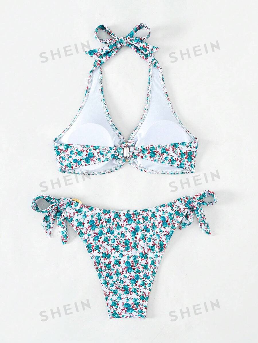 SHEIN Swim Floral Printed Halter Neck Bikini Set Two Piece Bikini Swimwear Bathing Suit Beach