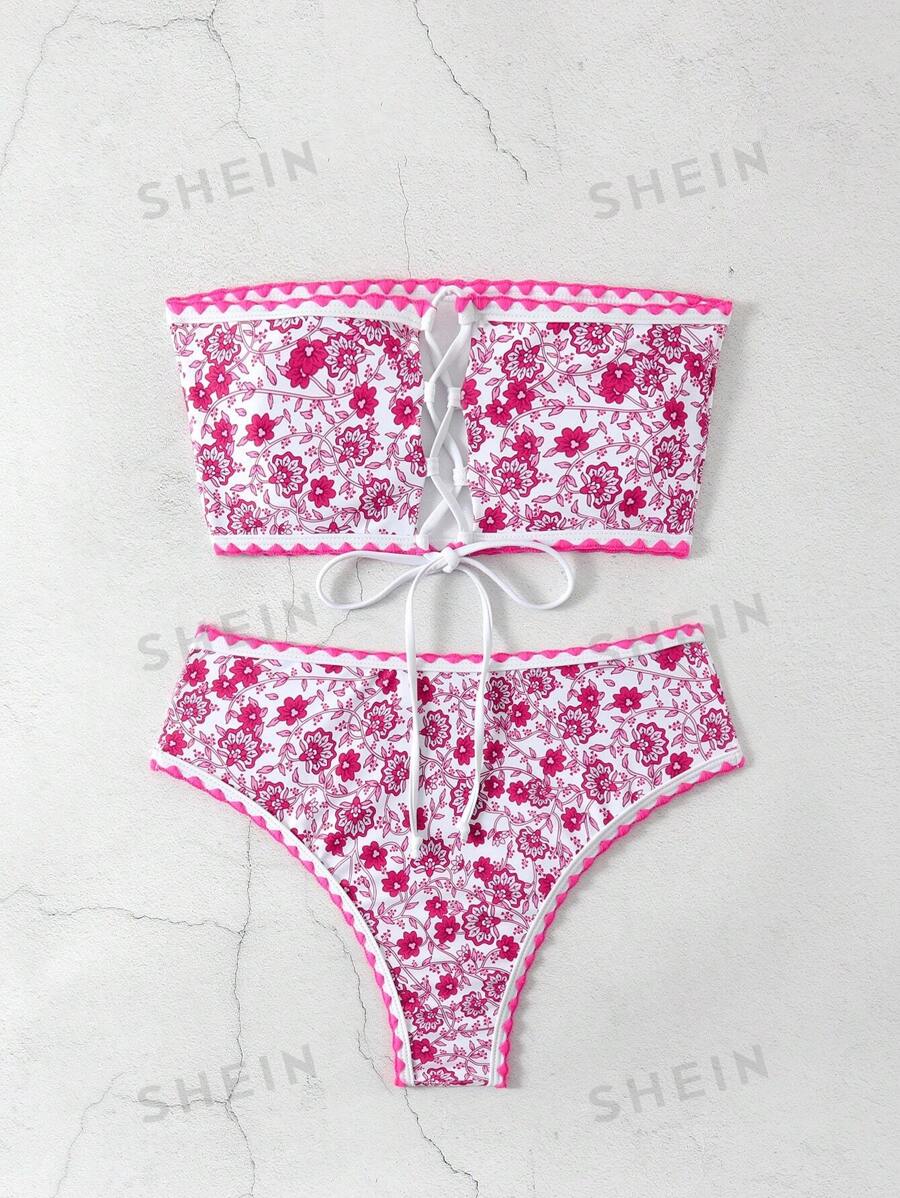 SHEIN Swim Conjunto de bikini estampado floral sin tirantes para mujer, estampado aleatorio, traje de baño de dos piezas tipo bandeau, atuendo de playa de vacaciones de verano