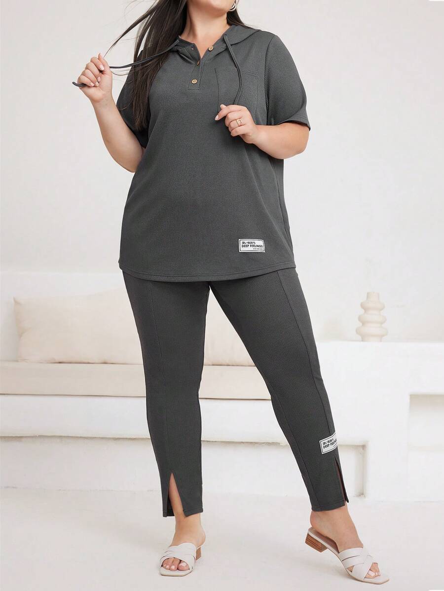Mulvari Plus Size Hooded Short Sleeve Top With Letter Patch And Split Pants With Drawstring