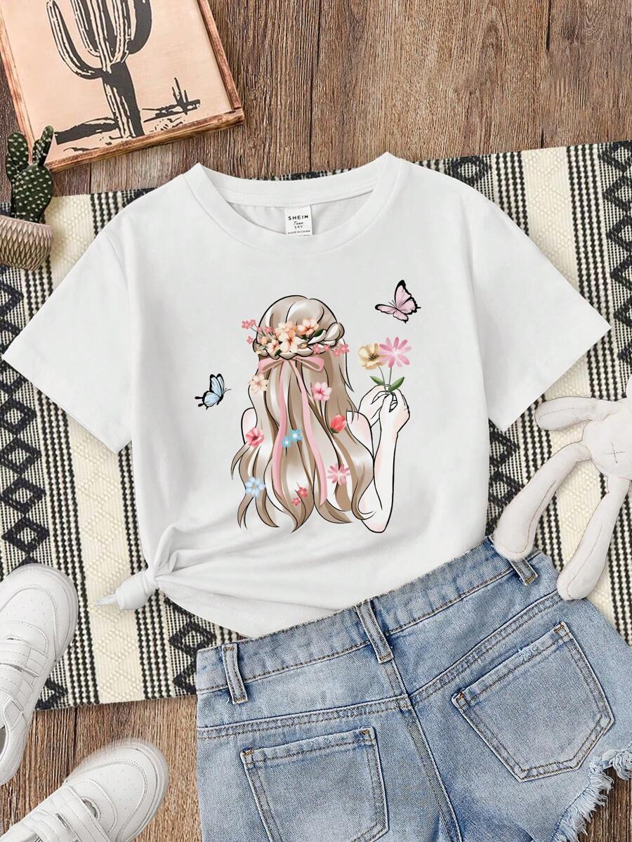 SHEIN Teen Girl Casual & Minimalistic Short Sleeve T-Shirt With Back & Hair Print Suitable For Summer
