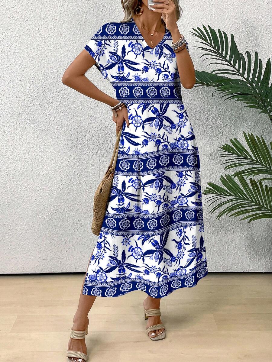 SHEIN VCAY Women's Floral Printed V-Neck Batwing Sleeve Dress