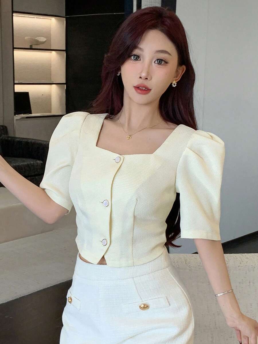 DAZY Women's Square Neck Puff Sleeve Blouse ,New Year Eve,Crop Tops Women