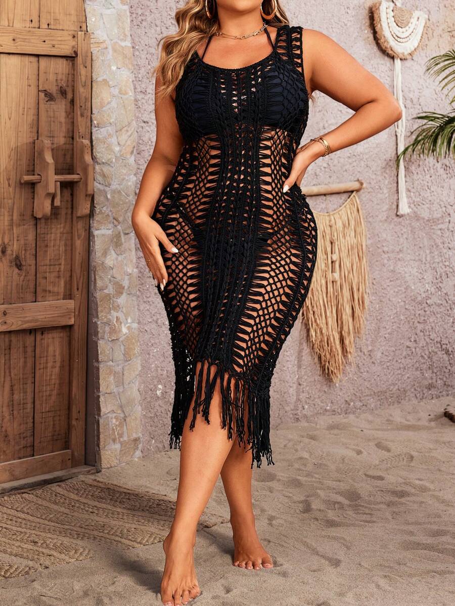 Breezaya Plus Size Solid Color Knitted Fringed Hem Sweater Dress With Hollow Design