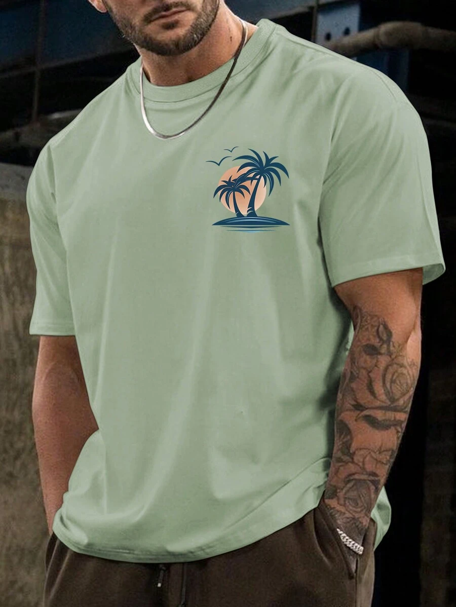 Manfinity RSRT Camiseta De Impresión De Árbol De Coco De Talla Grande Para Hombres