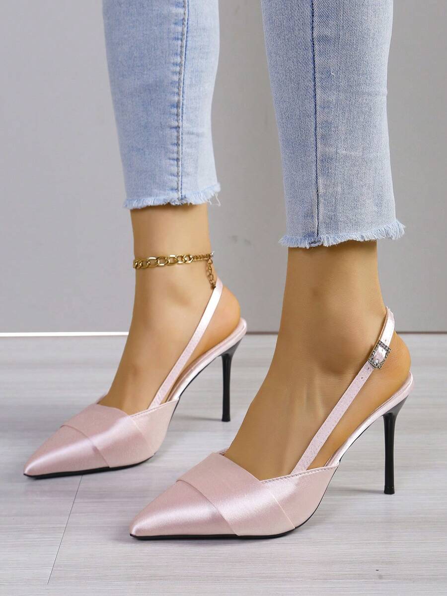 Fashionable Pink Satin Sandals For Women With Pointed Toe, Ankle Buckle Strap, Stiletto Heels, And Hollow Design At The Back