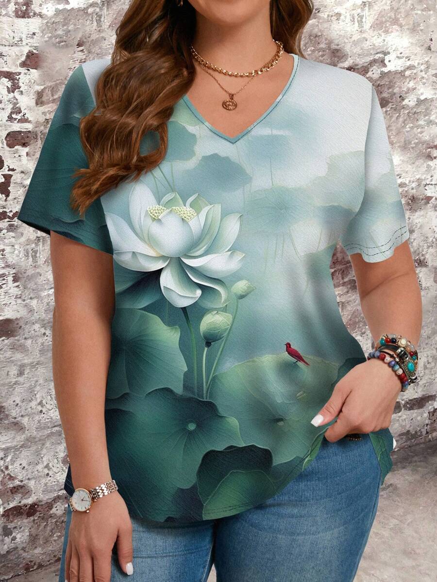 EMERY ROSE Plus Size Women Lotus Pattern V-Neck Short Sleeve T-Shirt