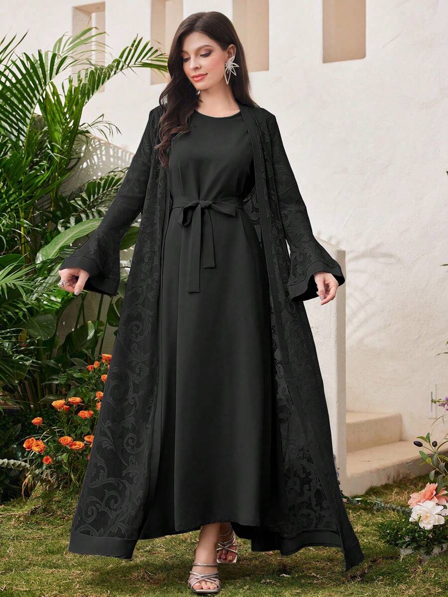 Al Najma Solid Color Modest Long Sleeve Arabian Dress And Jacquard Front Open Abaya, Fashion Robe Abaya For Casual/Festival/Gathering/Travel
