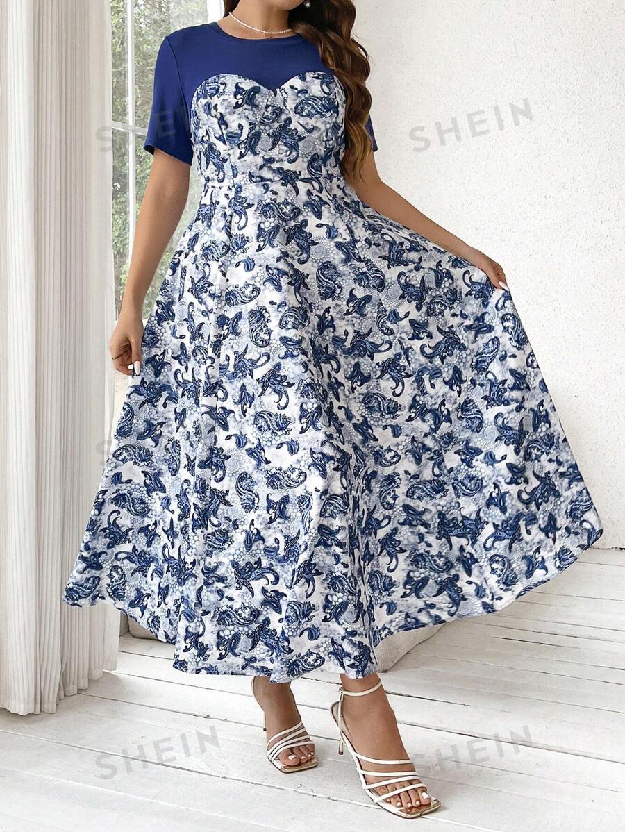 Mulvari Vestido De Talla Grande Con Estampado De Flores De Anacardo Y Parches