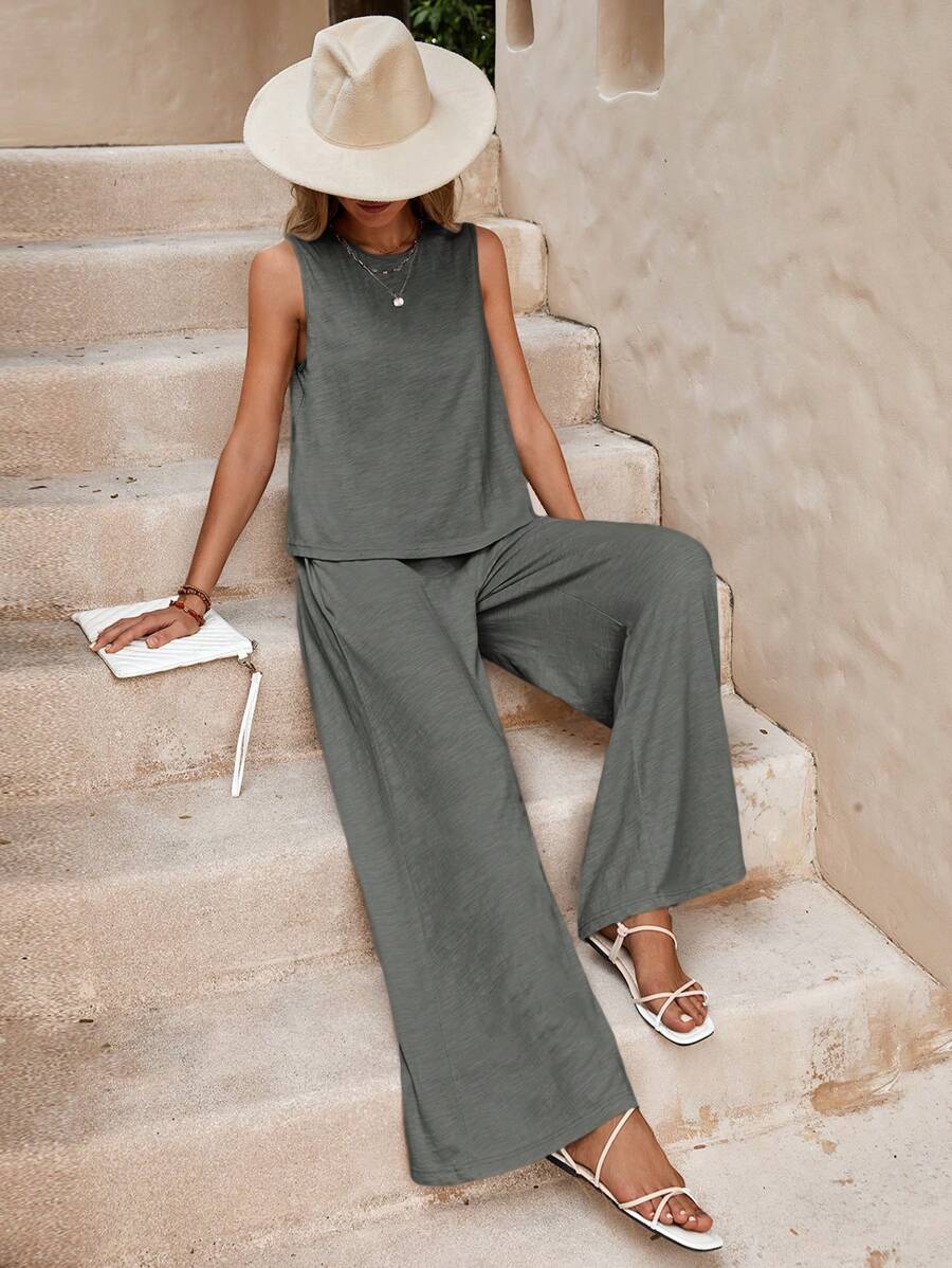SHEIN LUNE Solid Color Casual Vest And Loose Wide Leg Pants