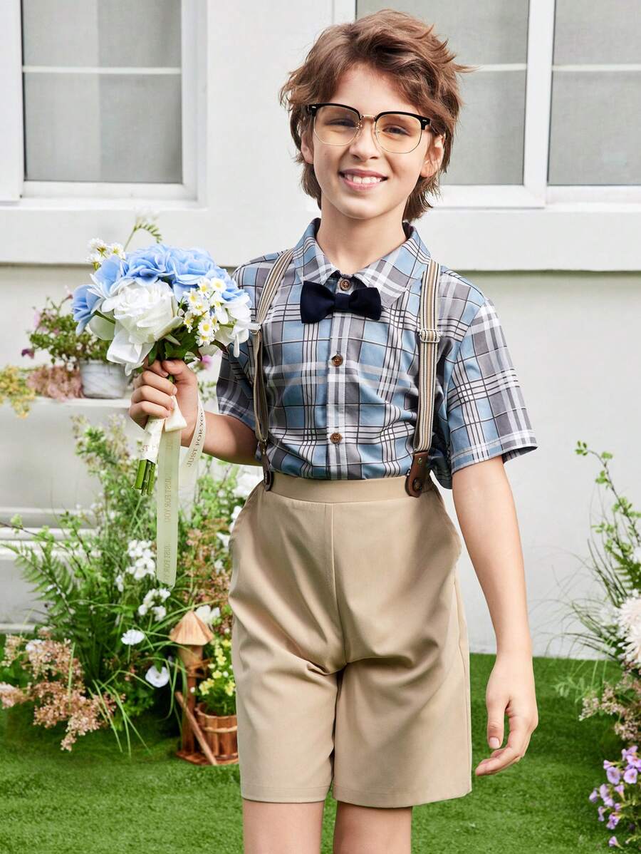 SHEIN 2 Stücke/Set Hemd im College-Stil mit elegantem Karomuster und abnehmbarer Hosenträger-Shorts für Tween Jungen