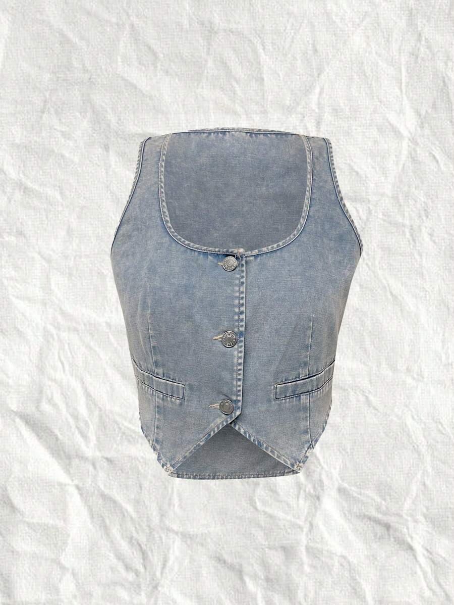 SHEIN EZwear Damski podkoszulek na lato z asymetrycznym dołem i zapięciem na guziki z przodu