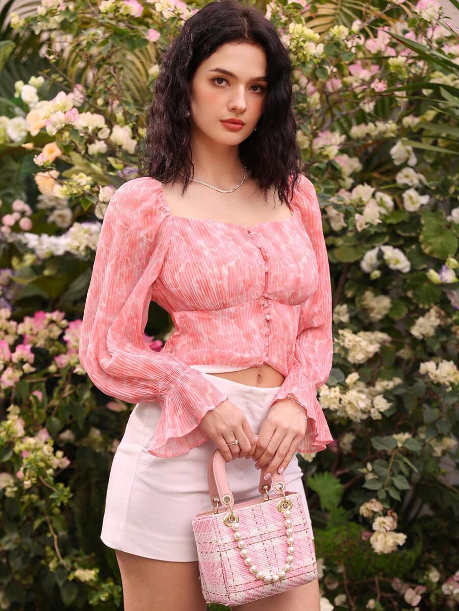 Aveloria Willekeurig Geprint Klokmouwen Cropped Blouses