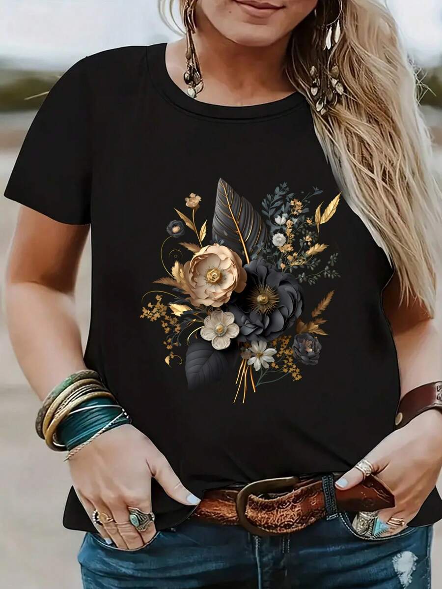 INAWLY Plus Size Floral Print Short Sleeve T-Shirt Graphic Tees Women Tops