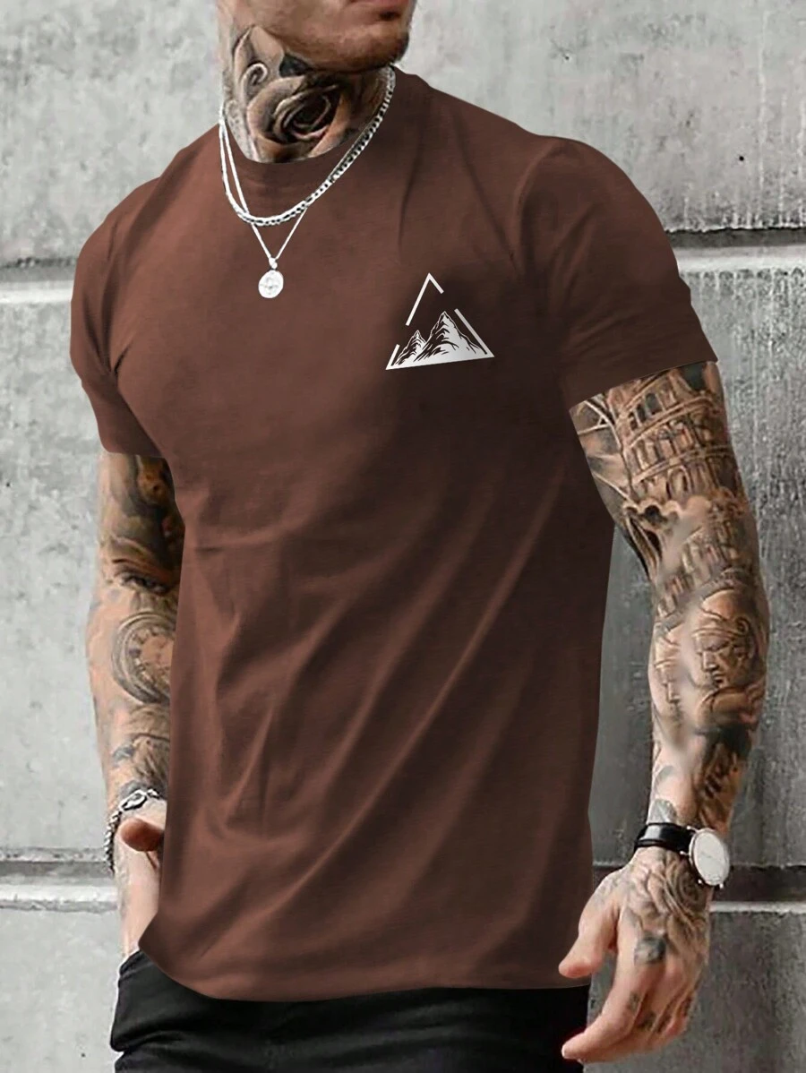 Manfinity Homme Camiseta de Manga Curta com Estampa de Montanha Marrom, para Homens