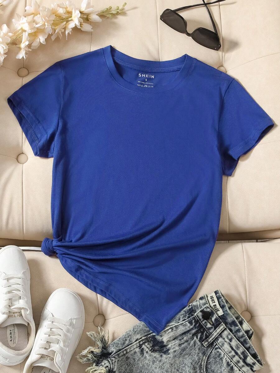 INAWLY Ladies' Solid Color Round Neck Short Sleeve T-Shirt