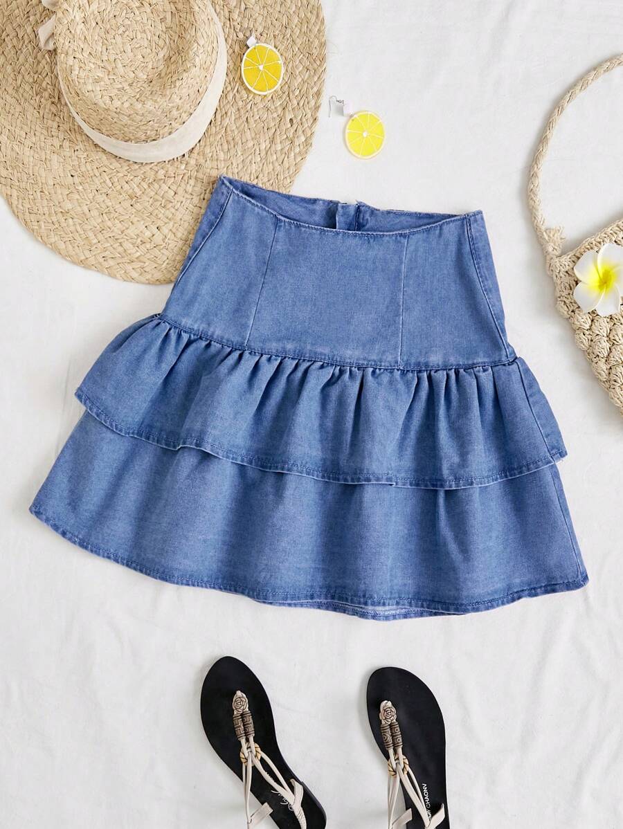 Soleia Jupe En Jean À Ourlet À Volants En A À Taille Haute Pour Femme, Style Vacances Avec Un Ajustement Ample