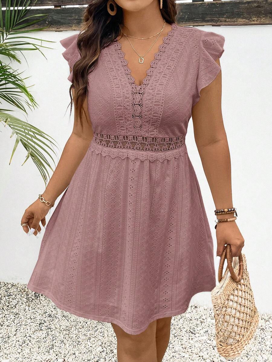 SHEIN Frenchy Plus Size Boho damska kontrastowa koronkowa letnia suknia ślubna sukienka gościnna sukienka z krótkim rękawem w kształcie litery A