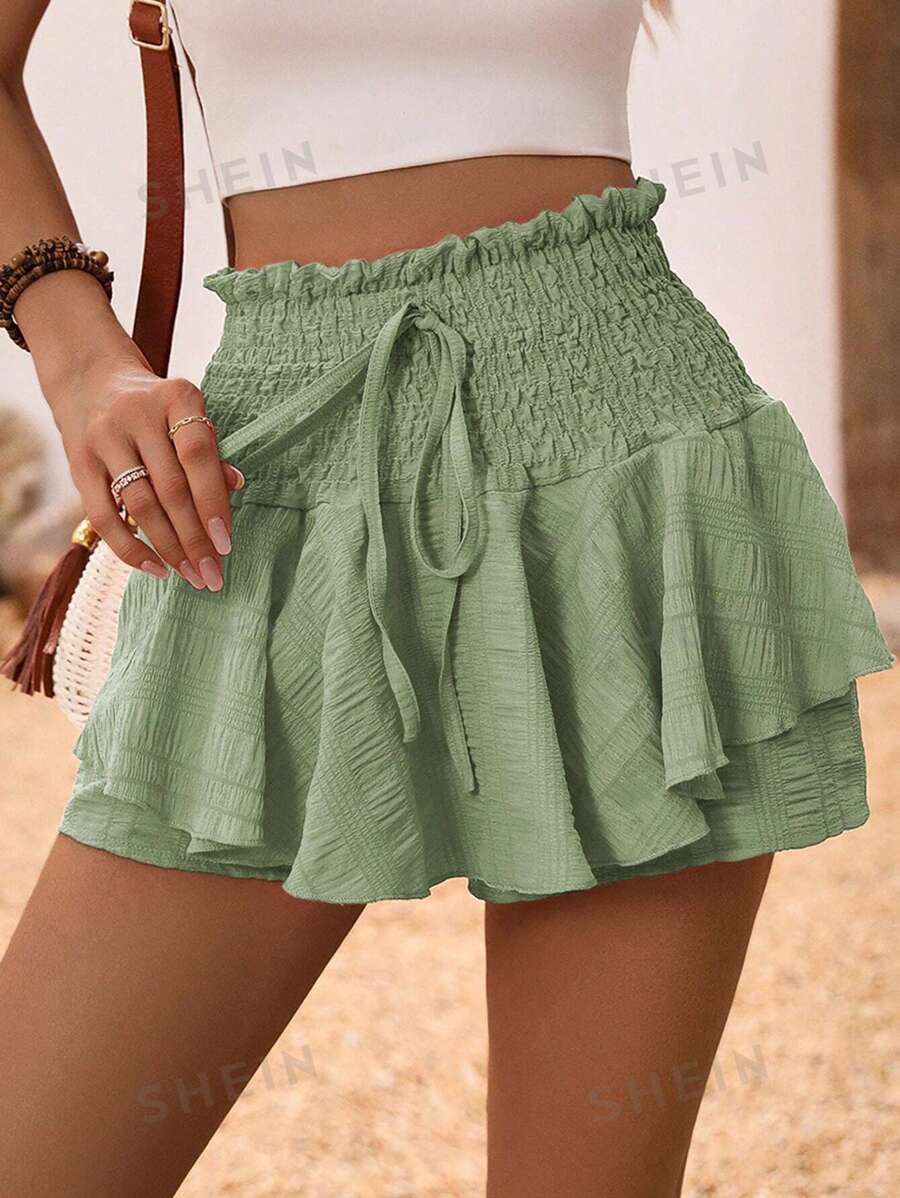 Breezaya Pantalones Cortos De Cintura Fruncida Con Bordes Con Volantes, En Colores Sólidos De Textura