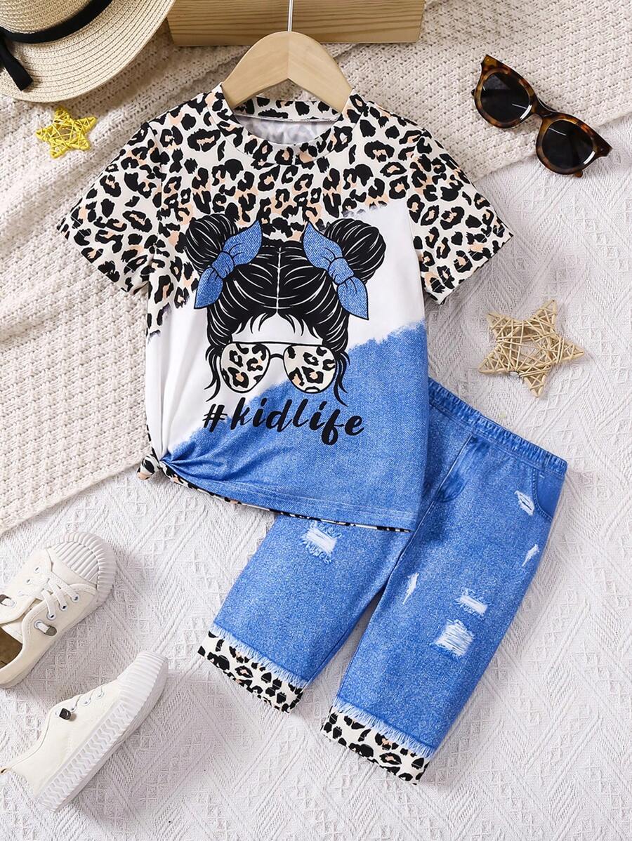 SHEIN Conjunto de camiseta de manga corta con estampado de leopardo y leggings efecto denim para niñas jóvenes para conciertos