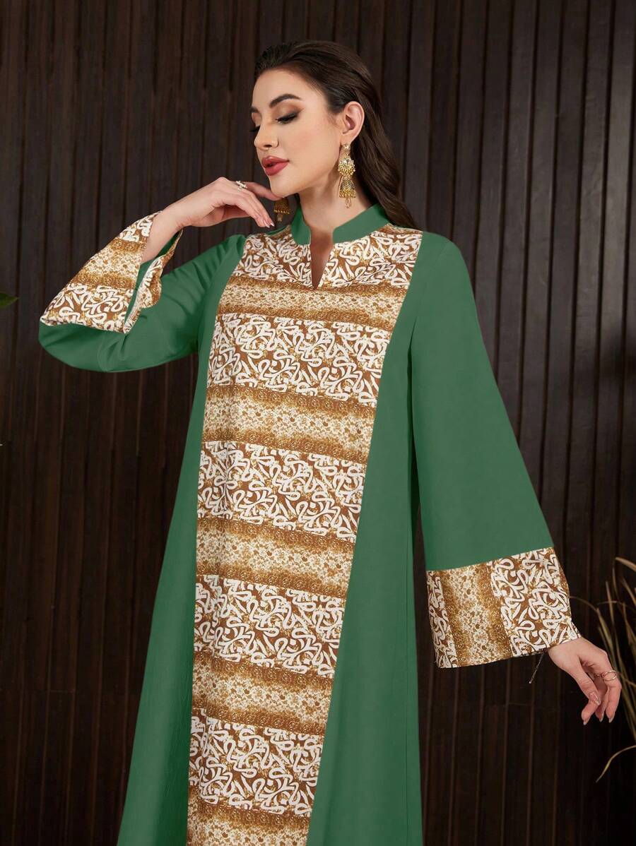 Al Najma Women's Fashionable Printed Patchwork Long Sleeve Arabian Dress