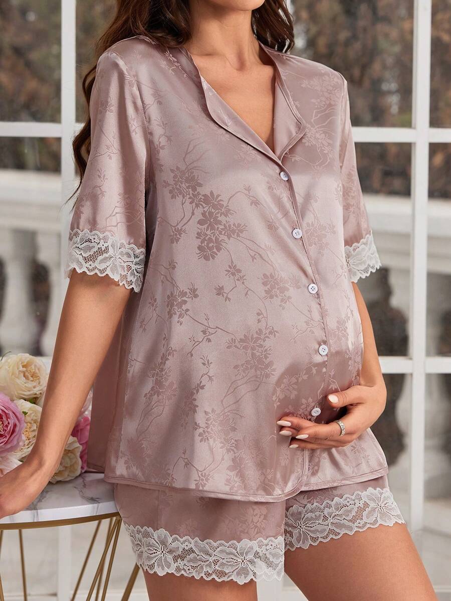 Set di pigiami in seta con pizzo, con bordi jacquard, collo a V, per donne in gravidanza