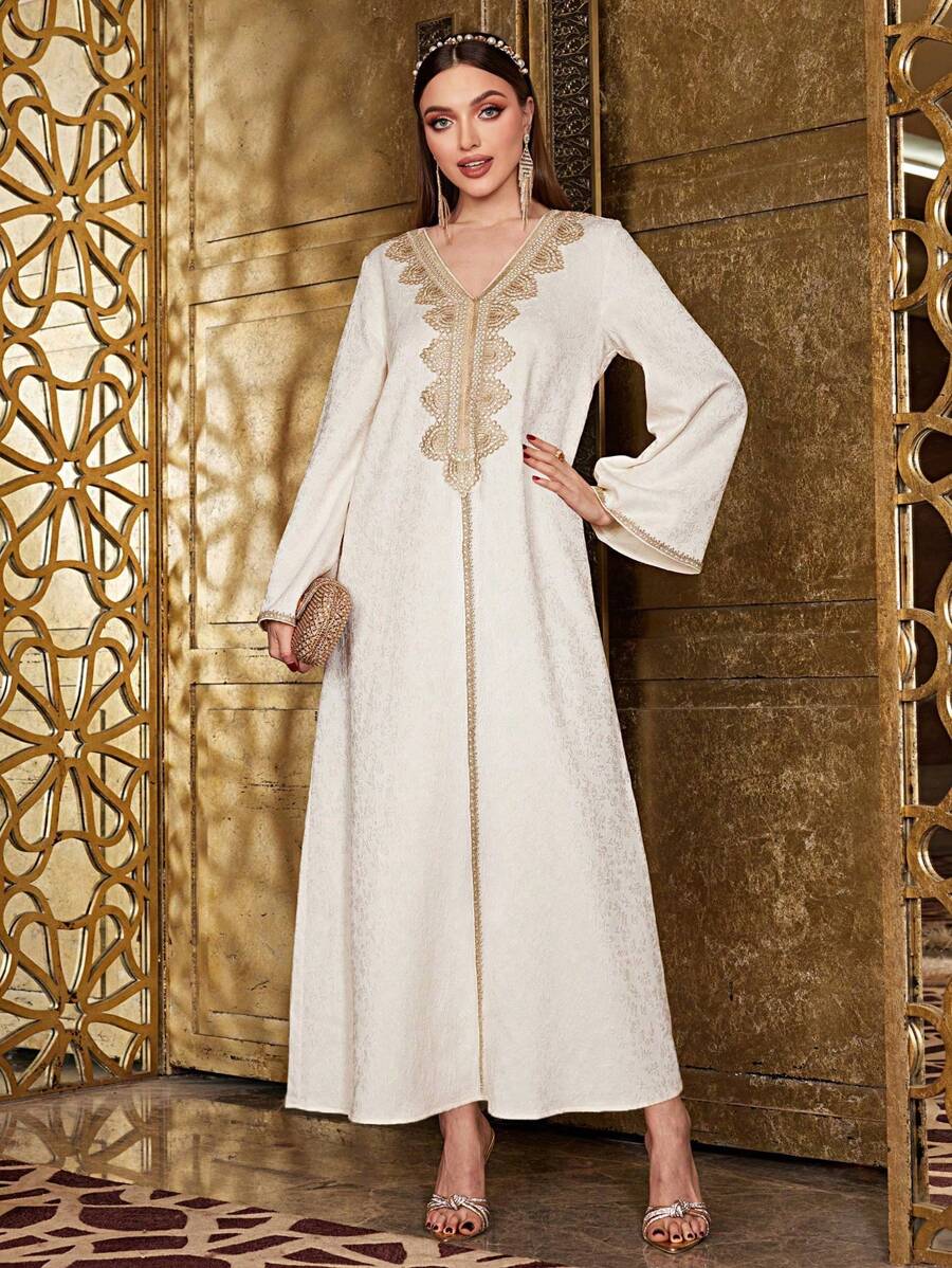 Al Najma Vestido modesto con cuello en V, aplicación bordada, mangas acampanadas, vestido árabe de manga larga elegante y de lujo, Kaftan