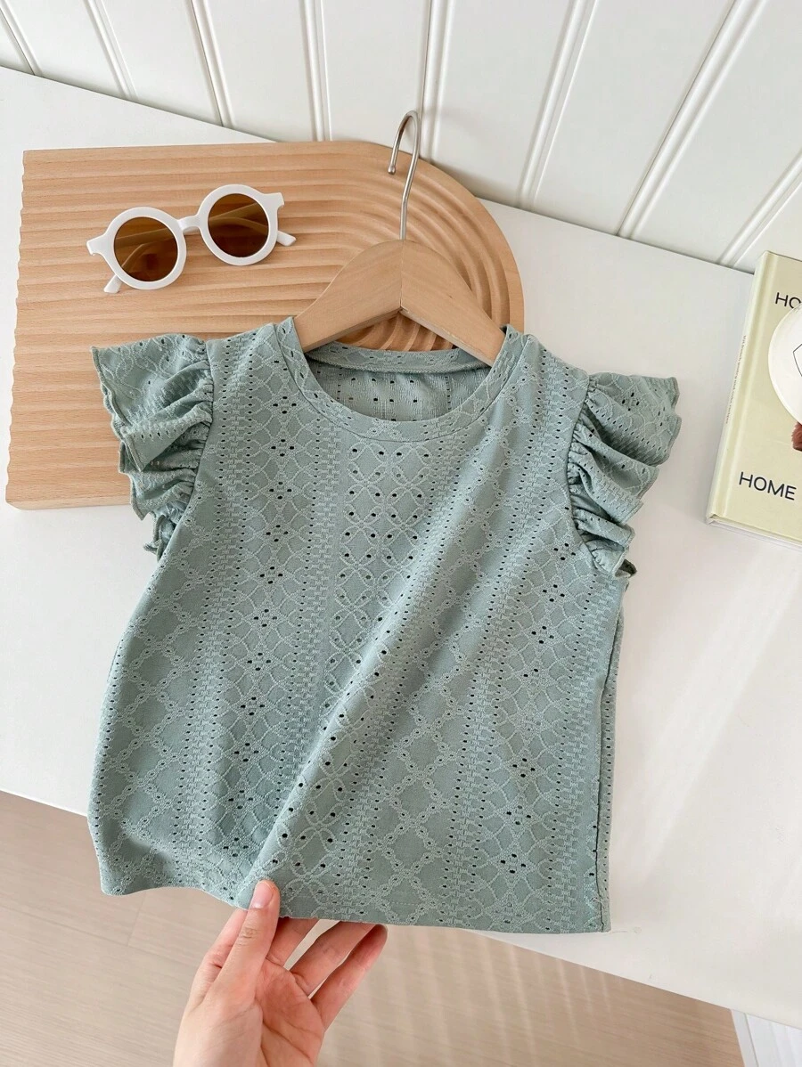 SHEIN LMoss Kids LMoss Young Girl Young Girl Holiday Leisure Spring & Summer Knitted Jacquard Short Sleeve Round Neck T-Shirt