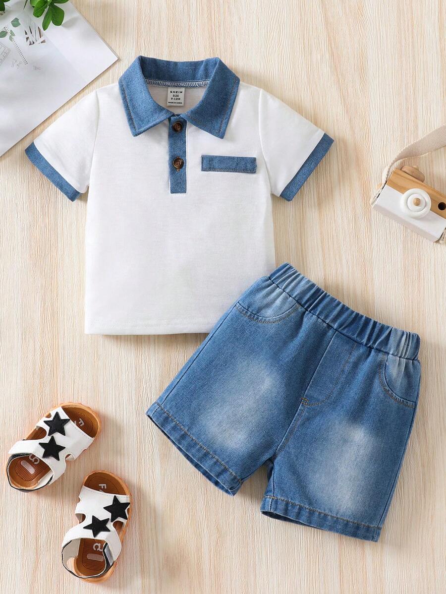 Outfit Primavera/estate Per Bambino 2 Pezzi, Top A Mezza Placket A Bottoni Contrastanti A Maniche Corte E Pantaloncini In Denim Con Elastico In Vita