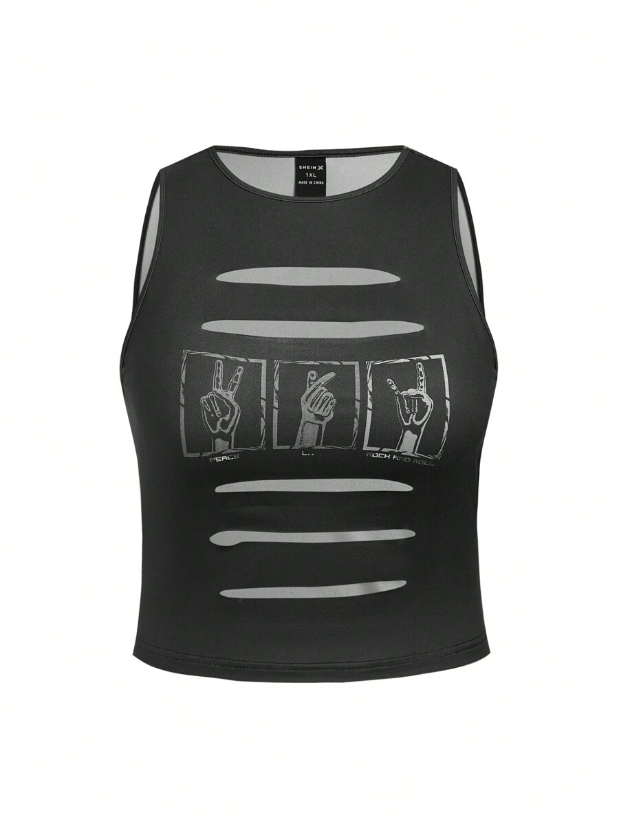 Warp Atelie Artist Round Neck Short Cut Slim-Fit Plus Size Women's Tank Top With Gesture Print, For Holiday, Vacation, Spring, Beach, Going Out, Festival, Ibiza Fits