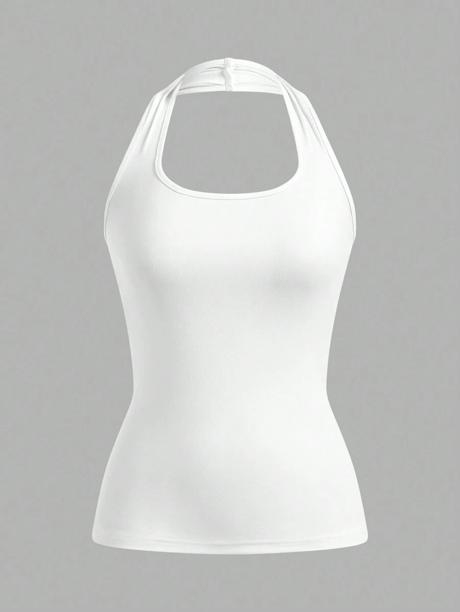 SHEIN EZwear White Long Casual Halter Top, Suitable For Women In Summer, Slim Fit