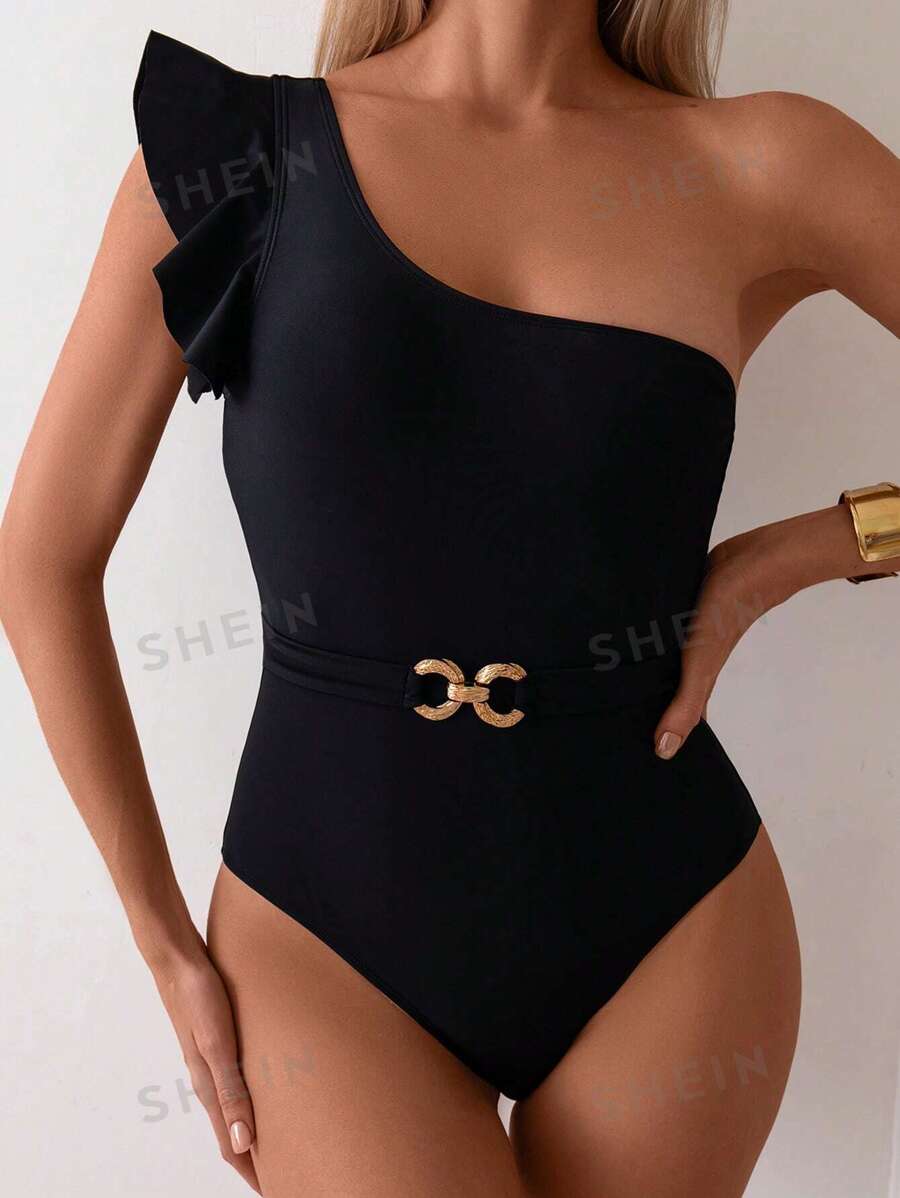 SHEIN Swim Traje De Baño De Una Pieza Con Adorno De Volantes En El Hombro Y Ajuste Ajustado Para Verano, Playa, Natación Y Vacaciones