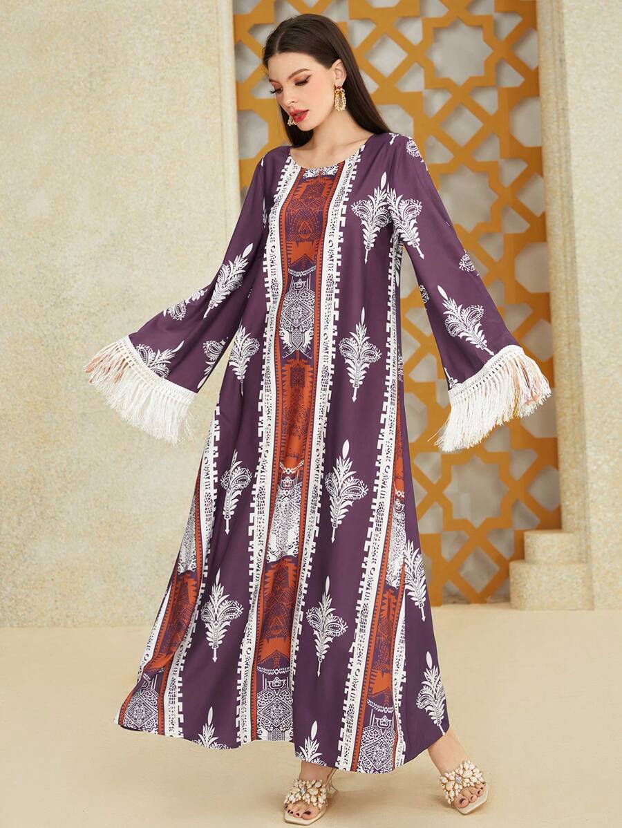 Al Najma Bohemian Print V-Neck Tassel-Trimmed Loose Dress