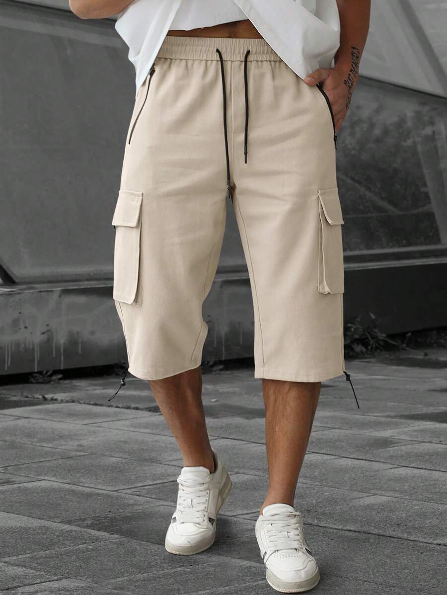 Manfinity LEGND Shorts masculina de cor sólida com bolso de virar e cordão na cintura, calça casual de carga lisa, para presente de marido e namorado