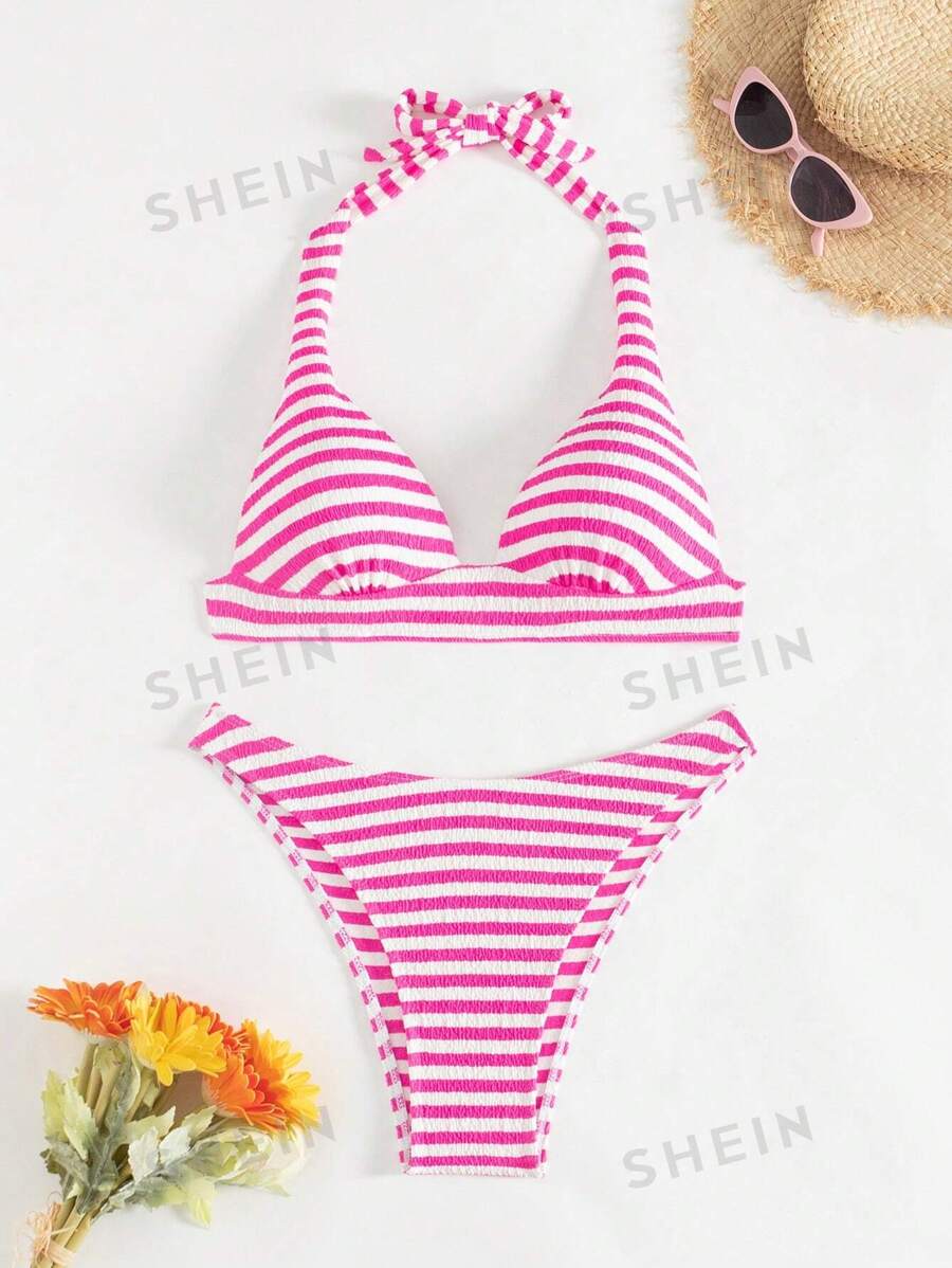 SHEIN Swim Conjunto de bikini con escote de cuello de halter con rayas, anudado, para playa de verano para mujer