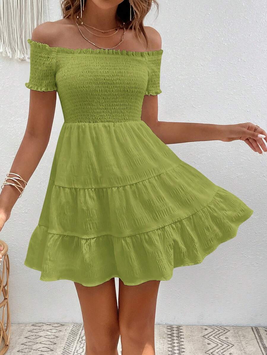 SHEIN VCAY Off Shoulder Ruffle Hem Solid Summer Dress