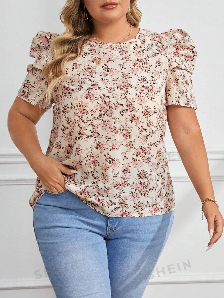 SHEIN Clasi Camisa de manga gigot con estampado floral pequeño para tallas grandes, para el verano