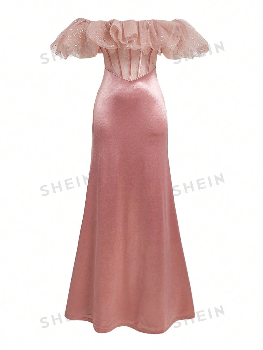 SHEIN Belle Vestido Formal De Noche Con Hombros Descubiertos Y Volantes En El Dobladillo De Sirena Con Perspectiva Para Mujer